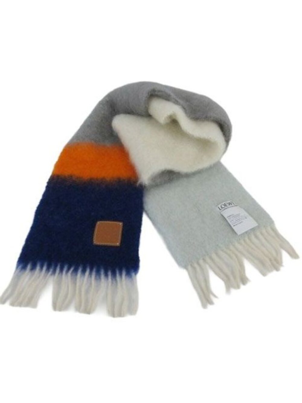 Loewe Striped Scarf Mohair & Wool Anagram Logo Leather Patch Fringe Blue Orange